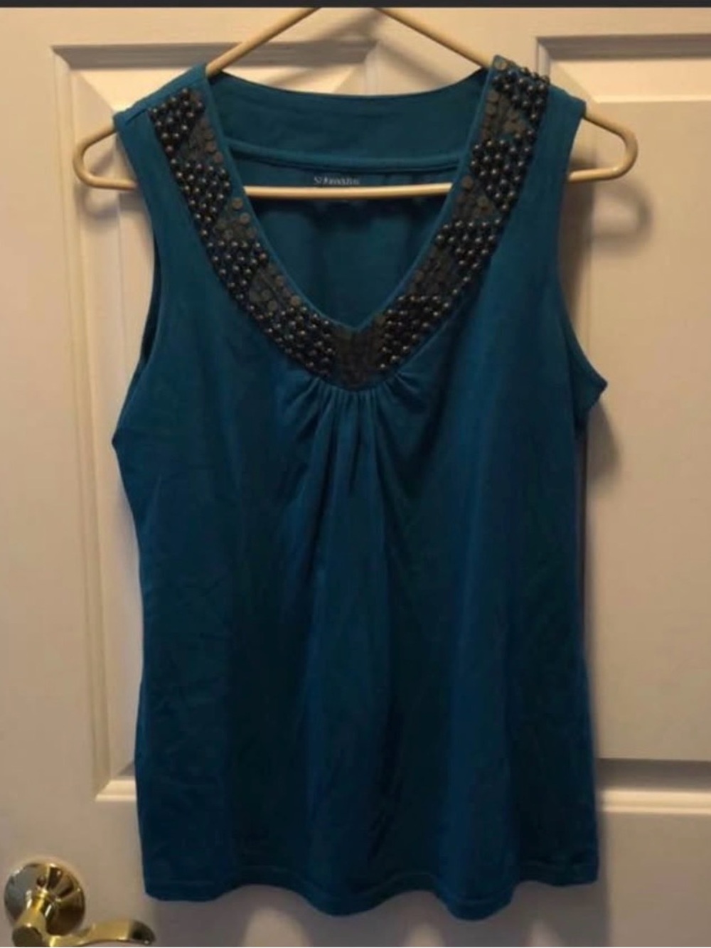 Beaded V-Neck Sleeveless Top - Teal
